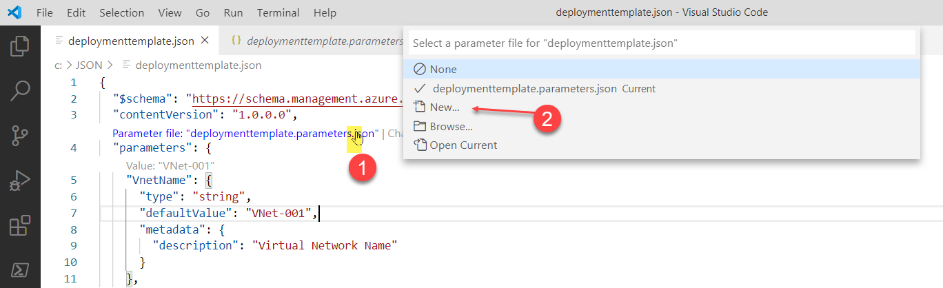 Screenshot that shows selections for creating a parameter file in Visual Studio Code.