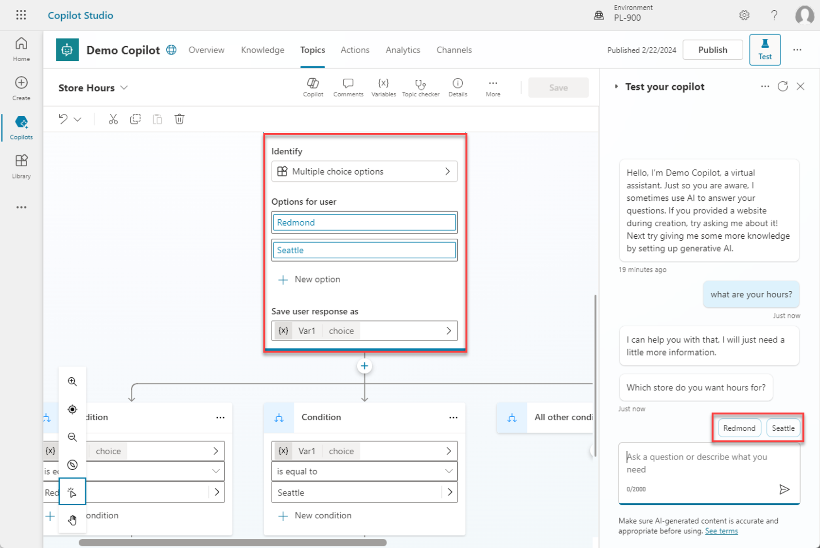 Screenshot of the Trace conversation in Microsoft Copilot Studio.