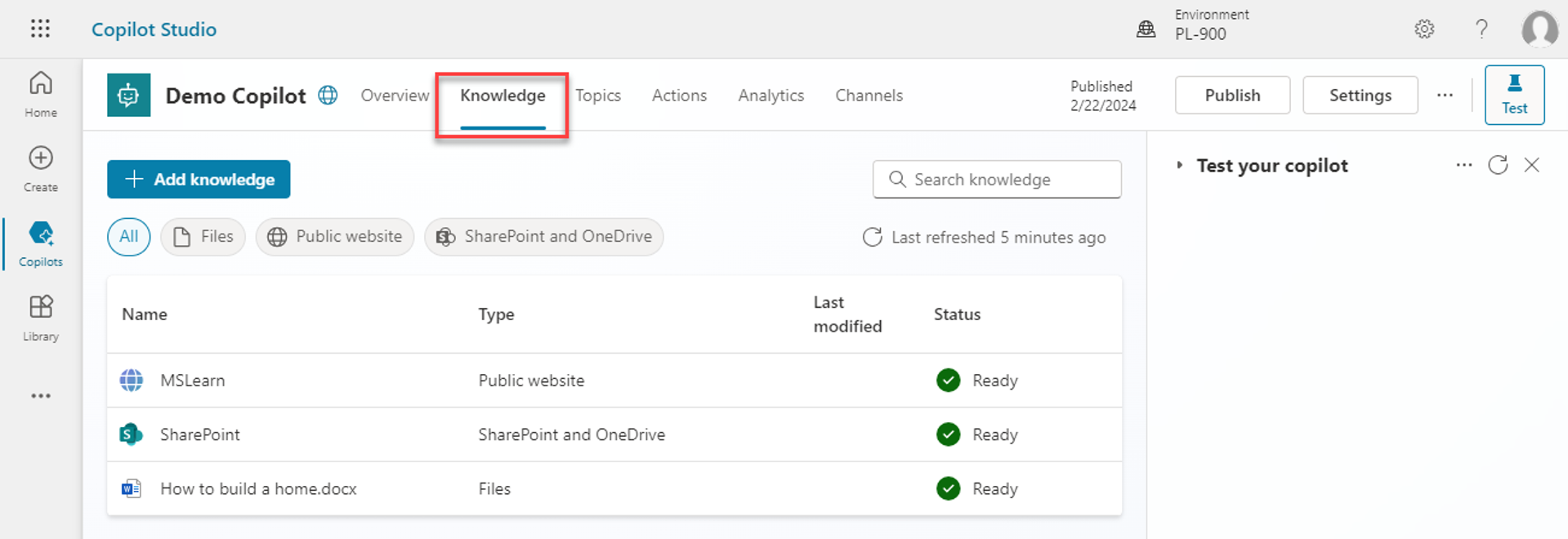 Screenshot that shows having different knowledge sources added to a copilot.