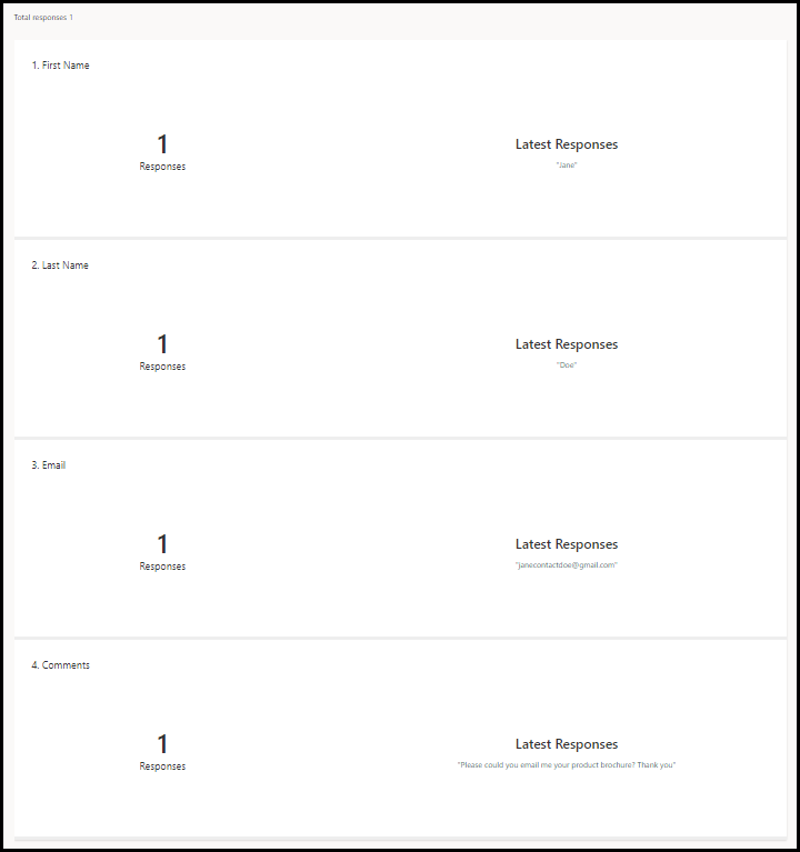 The report shows the total responses as 1, and shows the values submitted in the latest responses for each question.