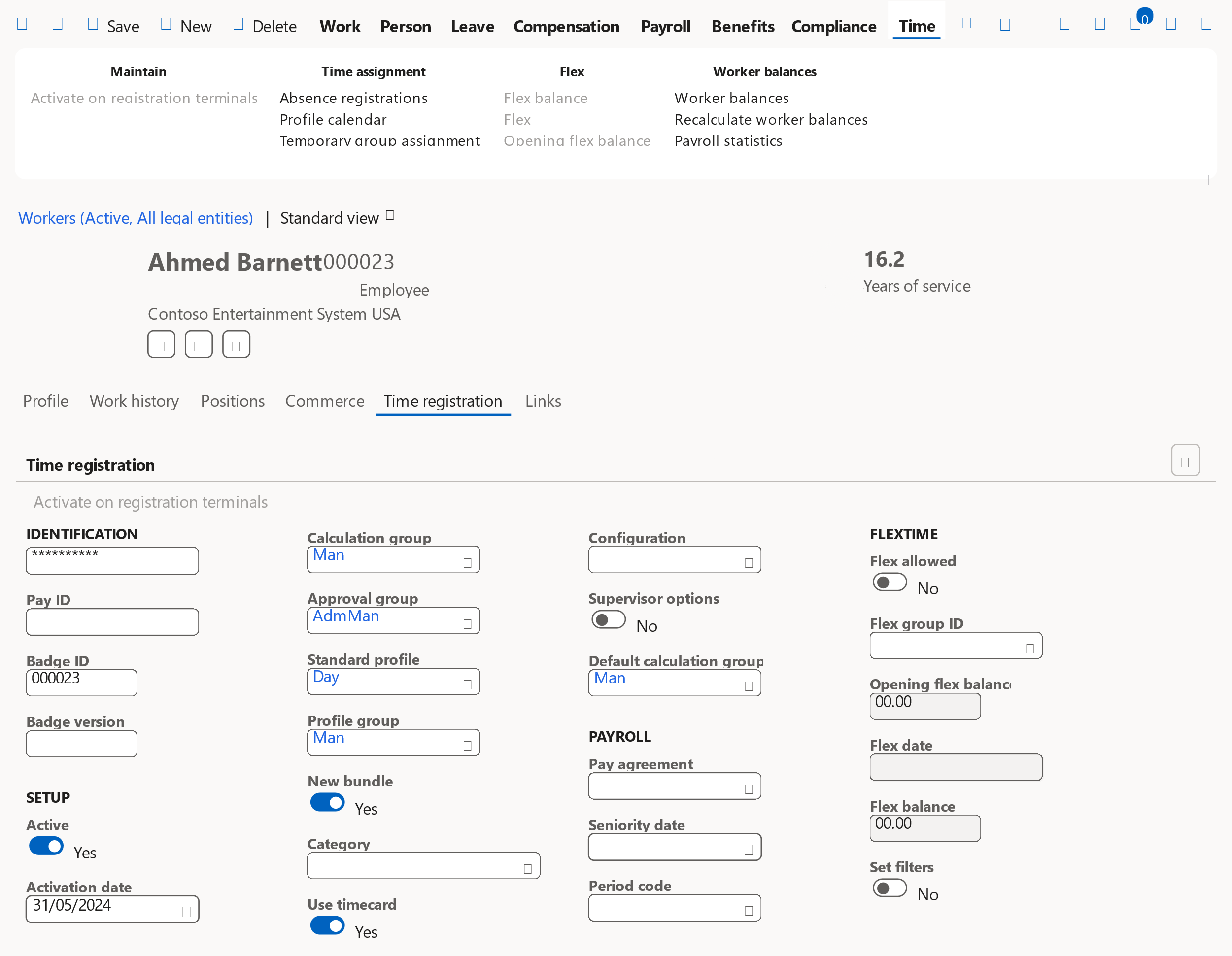 Screenshot of the worker page of badge ID 000023. The time registration tab is displayed.