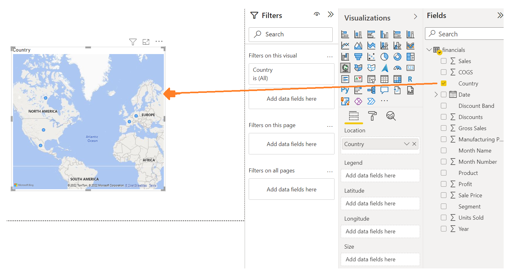 Drag a field onto the Report view canvas to create a visual.