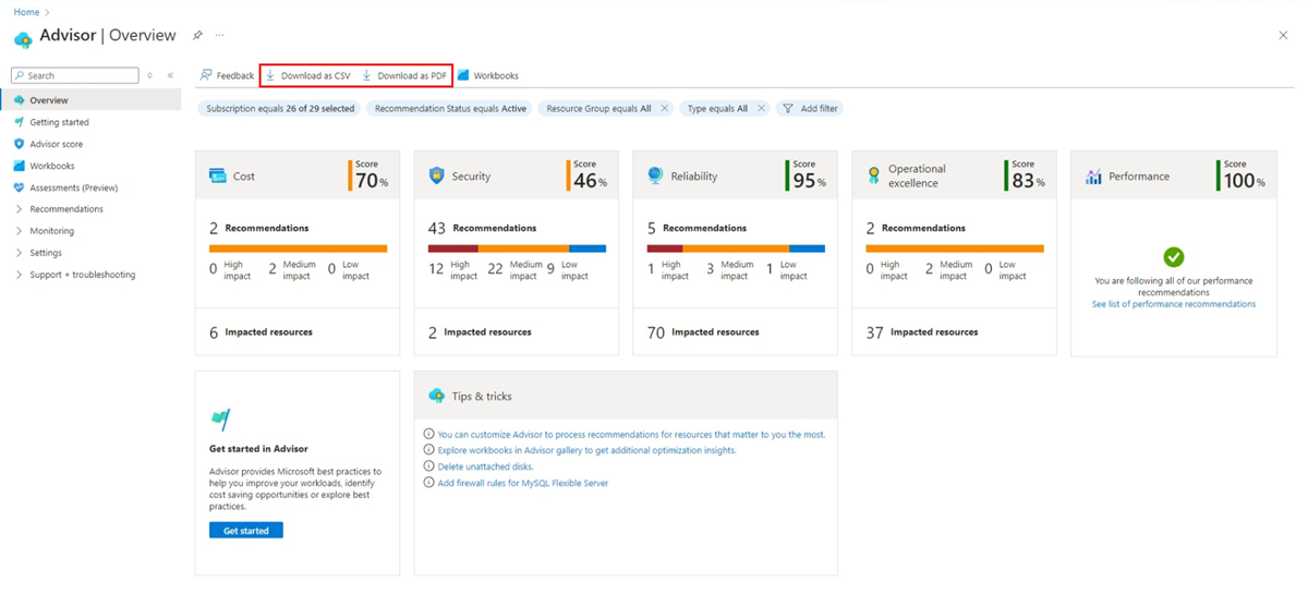 Screenshot showing how to export Advisor recommendations.