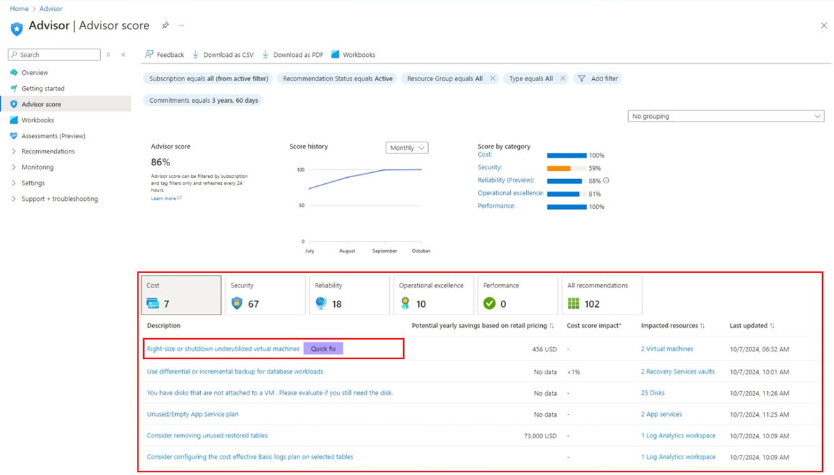 Screenshot showing how to select a recommendation from the Advisor Score page.