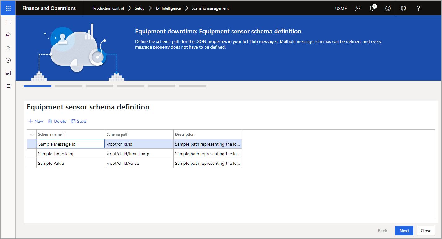 Screenshot of the Equipment sensor schema definition page.