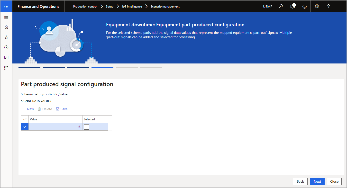 Screenshot of the Equipment part produced configuration page.