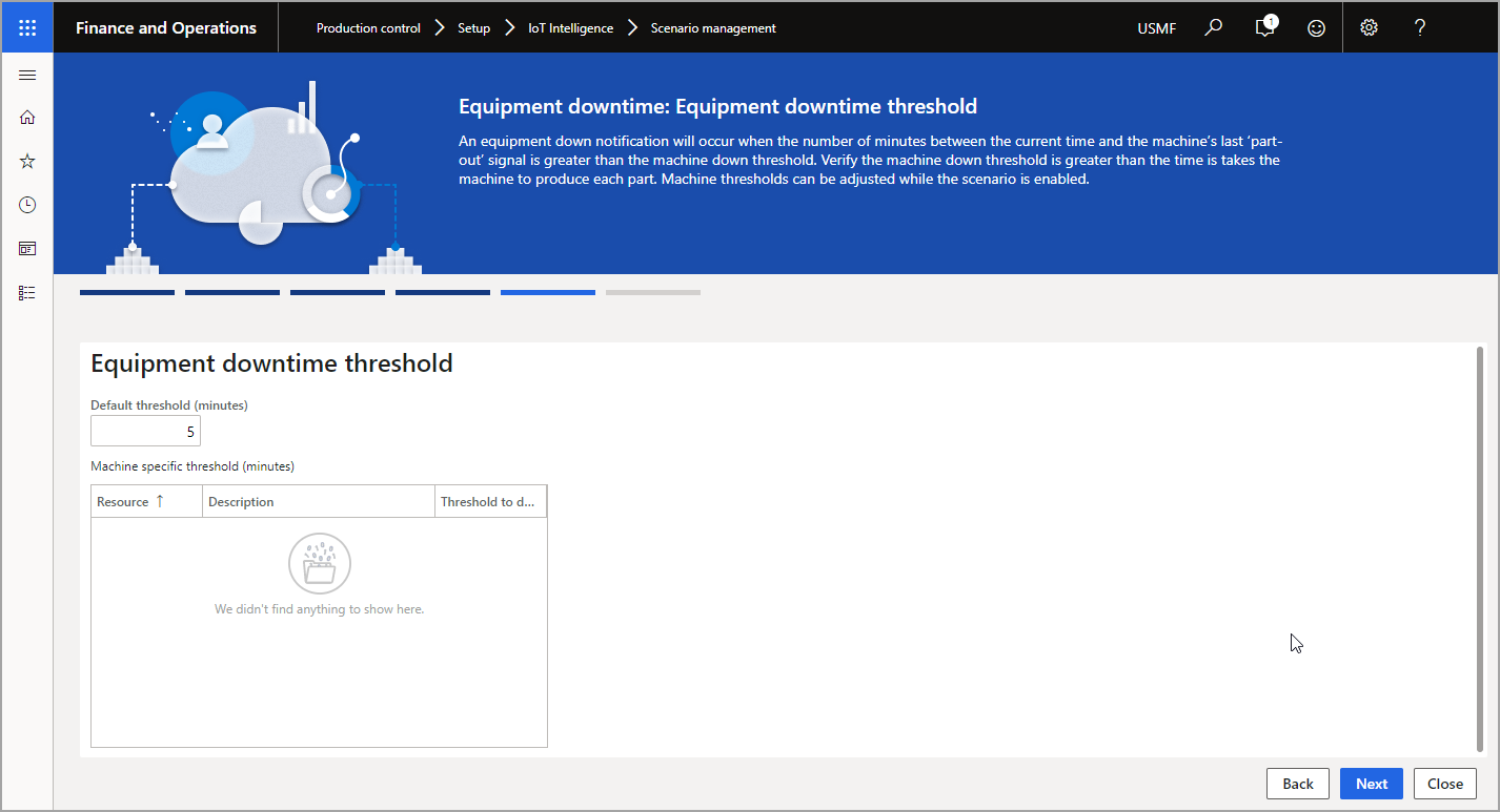 Screenshot of the Equipment downtime threshold page.