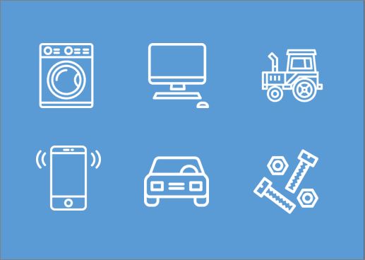 Diagram containing drawings of example products of discrete manufacturing.