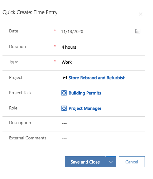  Screenshot of the Time Entry Quick Create dialog box.