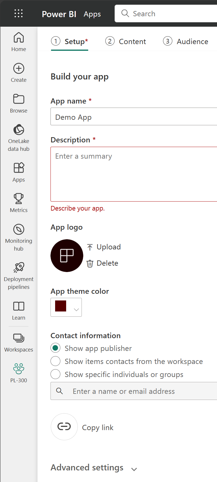 Screenshot of the app configuration in a Power BI workspace.