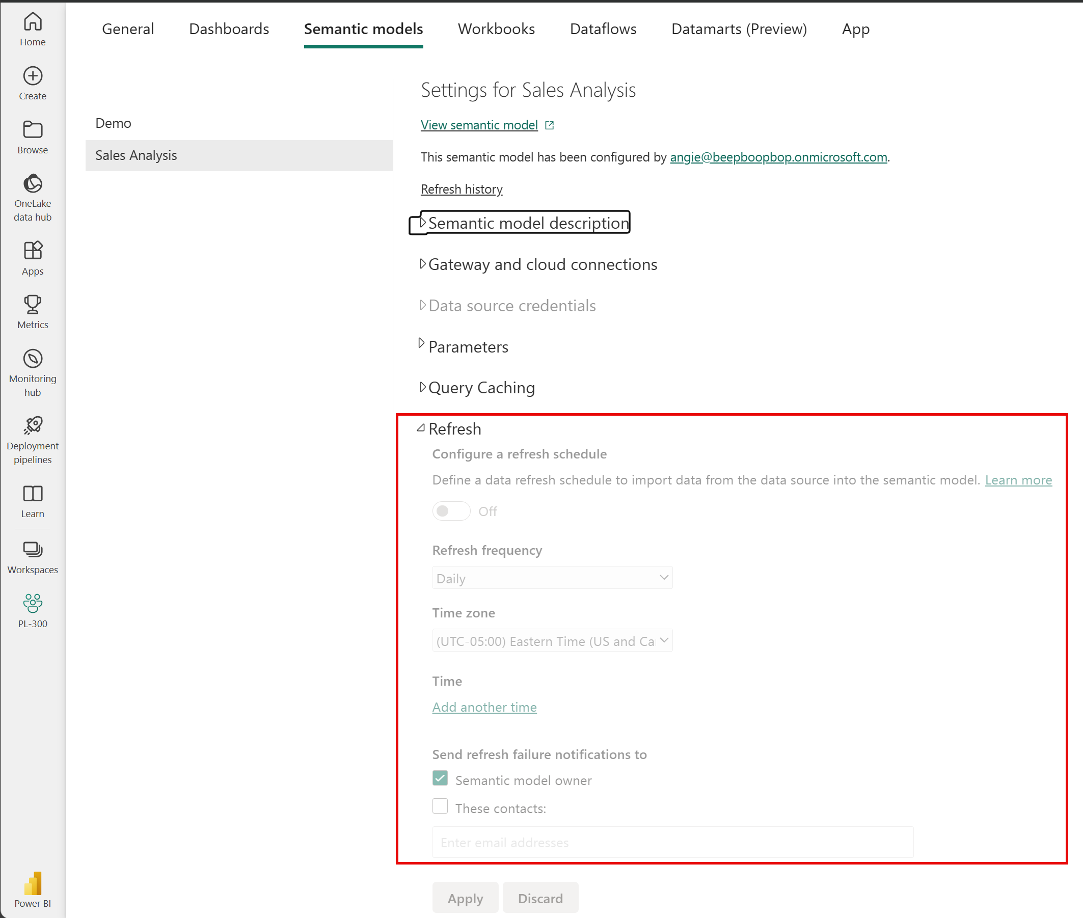 Screenshot of the semantic models setting tab with Refresh section highlighted showing the different options, including frequency and time.