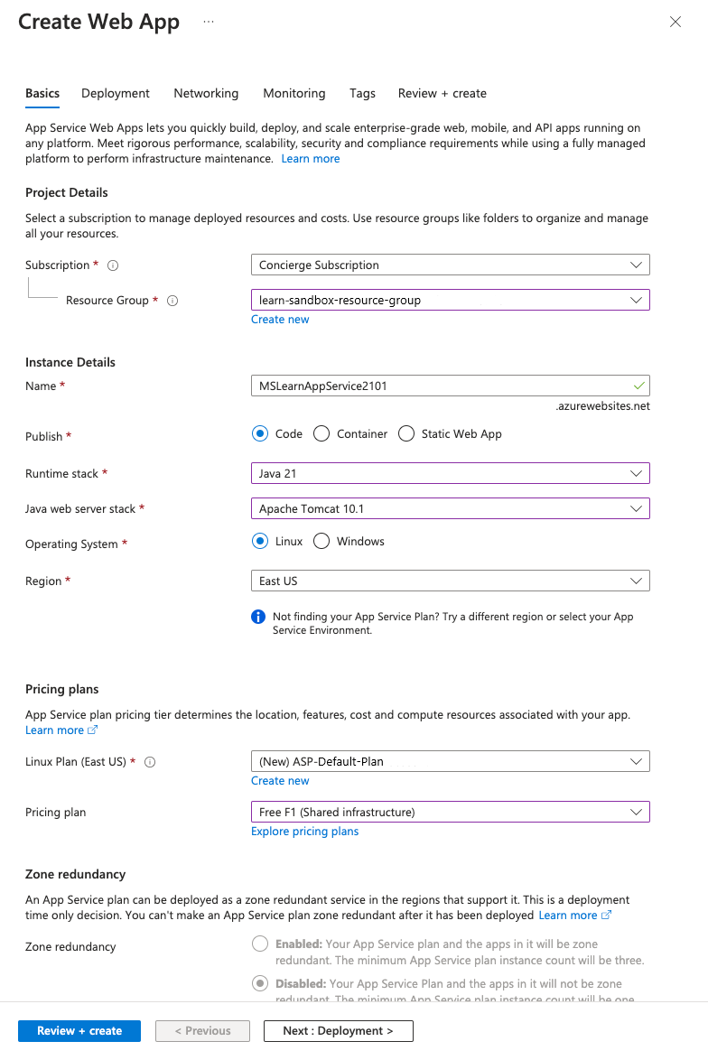 Screenshot showing web app creation details.