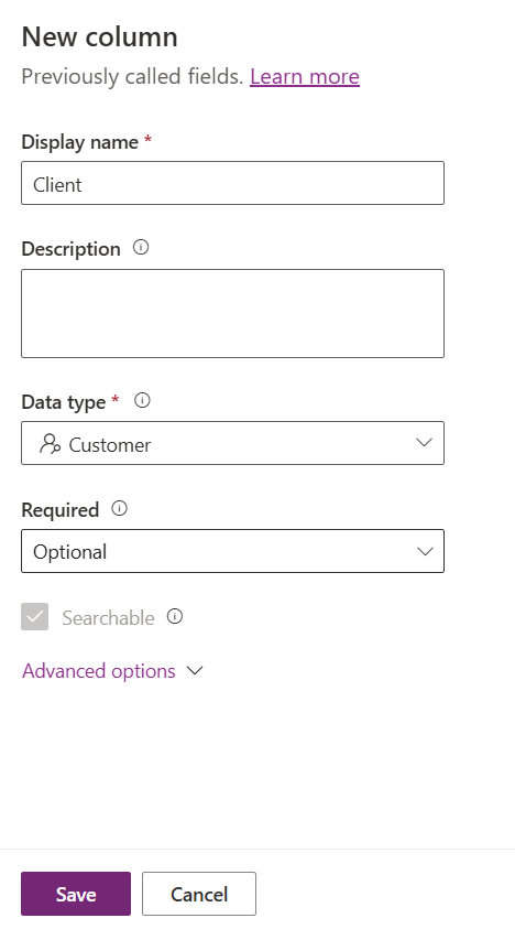 Screenshot of the New column screen configured based on the instructions in step 19.