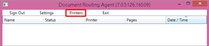 Screenshot of the document routing agent showing the Printers button on the toolbar.