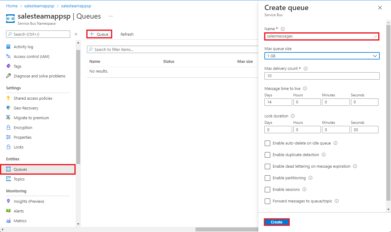 Screenshot of Service Bus namespace and Create queue panes with Queue and Create highlighted.