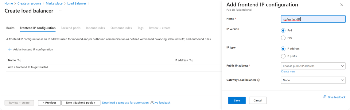 Screenshot that shows the completed settings for the Add frontend IP configuration.