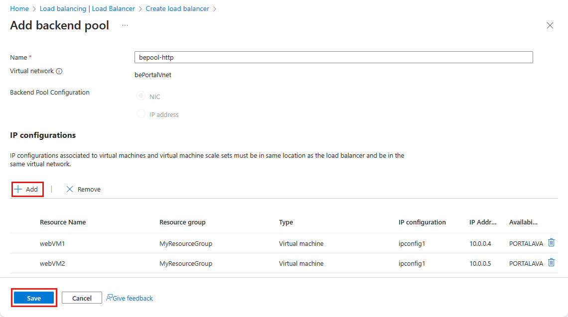 Screenshot that shows the settings completed on the Add backend pool screen.