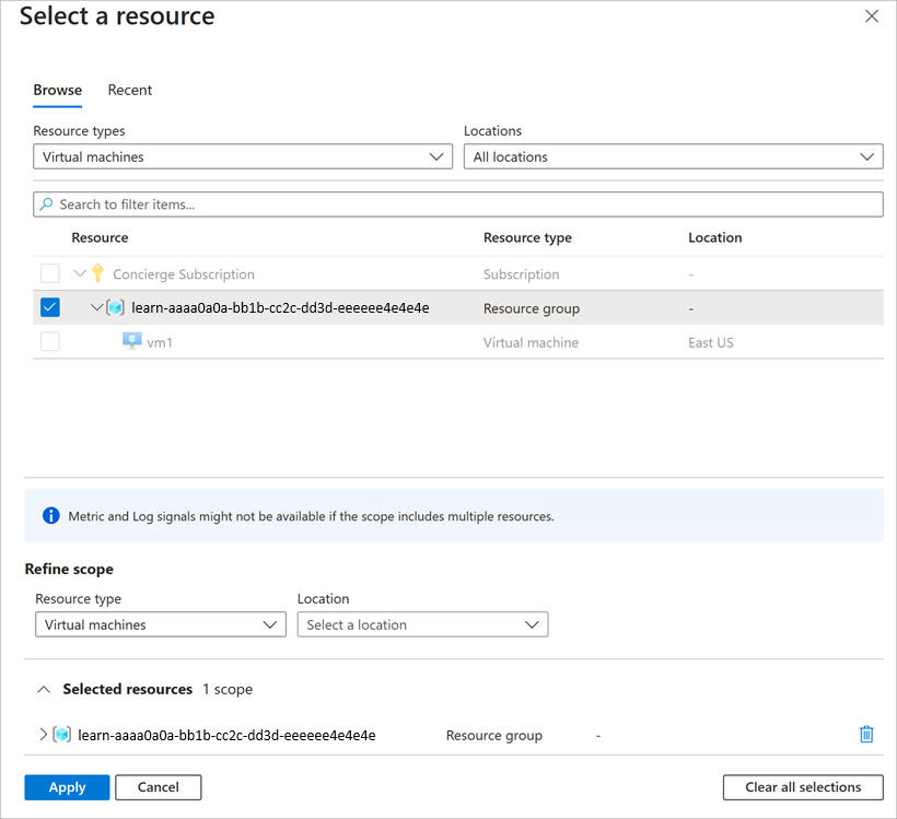 Screenshot that shows the Select a scope pane with the sandbox resource group selected.