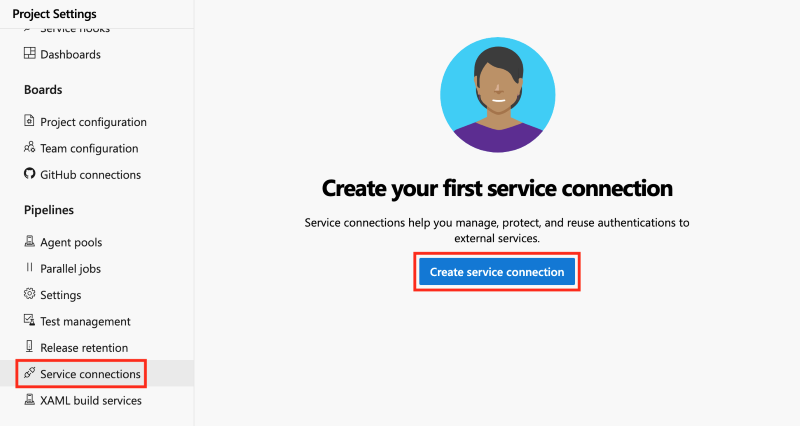 Screenshot of Azure DevOps that shows the Service connections' pane, with the 'Create service connection' button highlighted.