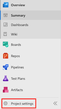 Screenshot of Azure DevOps that shows the menu, with the Project settings item highlighted.
