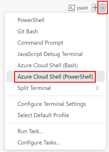 Screenshot of the Visual Studio Code terminal window. The terminal shell dropdown list and the Azure Cloud Shell (PowerShell) menu item are shown.