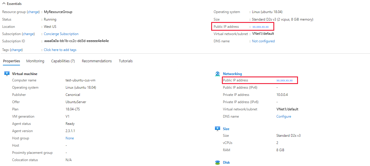 Screenshot showing VM essentials and properties with the public IP address highlighted.