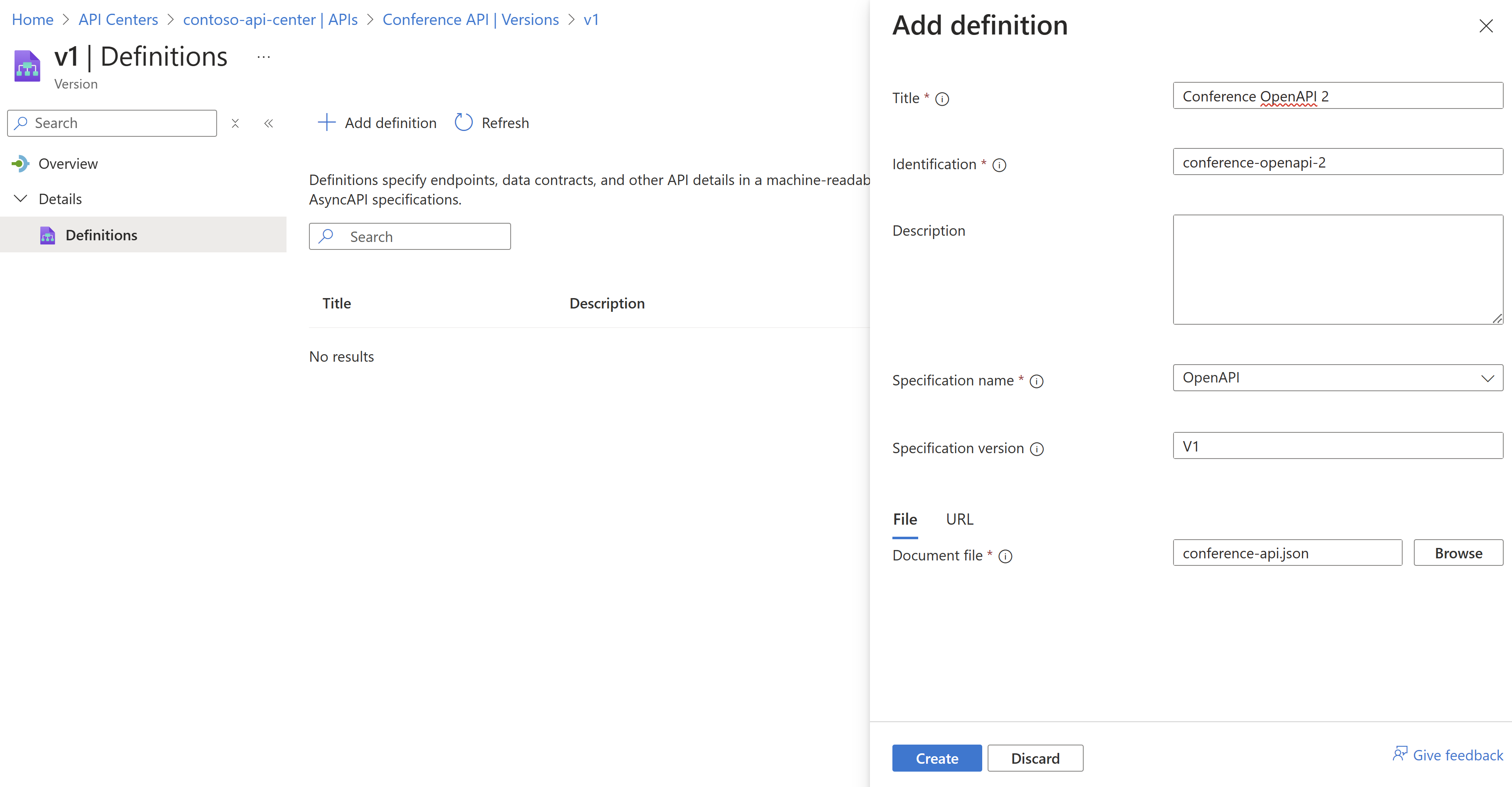 Screenshot showing steps to add an API definition on Azure portal