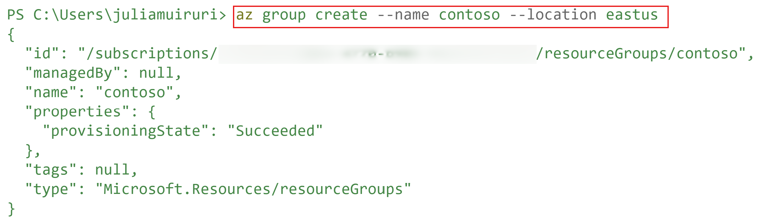 Screenshot showing successful az group create CLI command