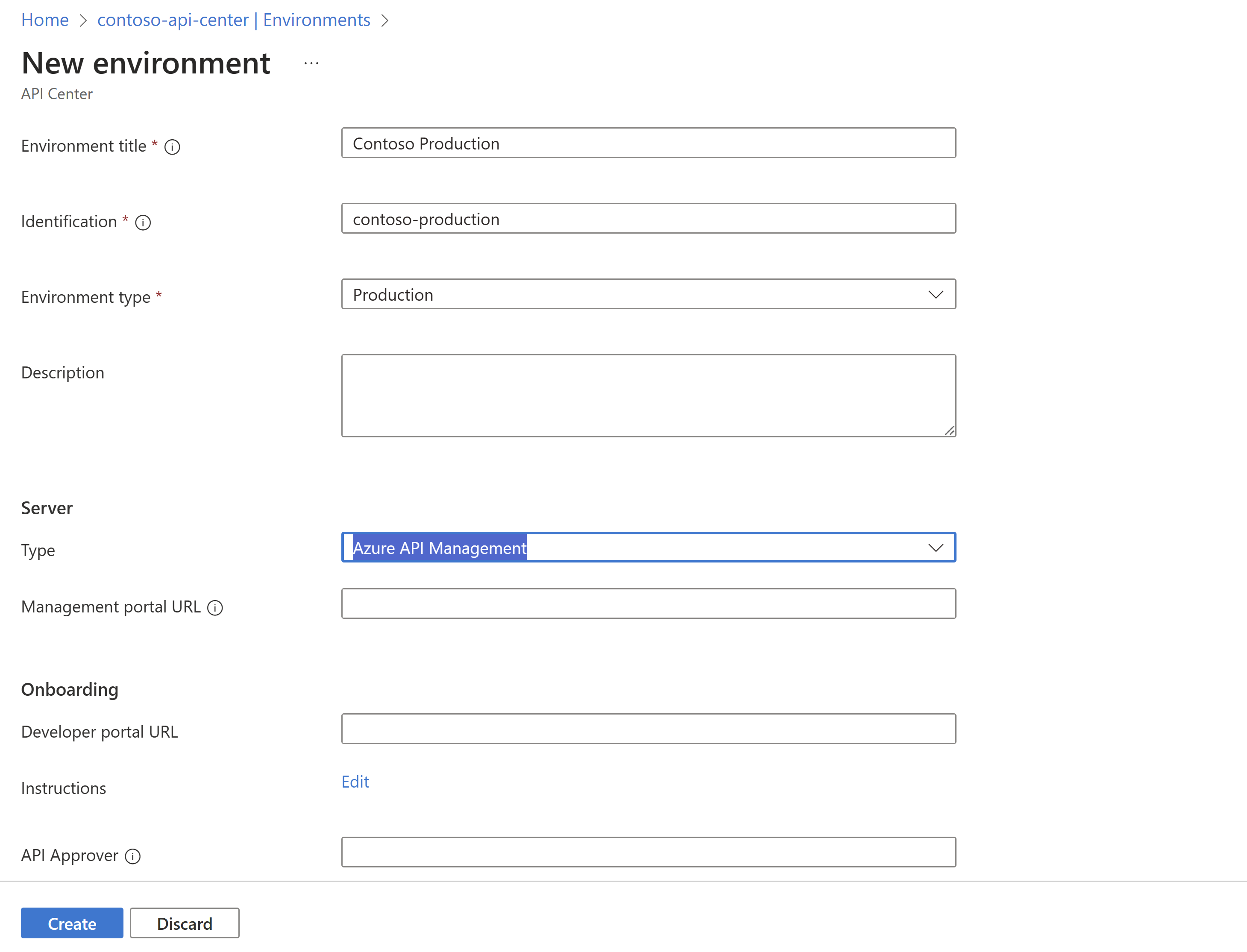 Screenshot showing steps to create a new environment of production type on Azure portal