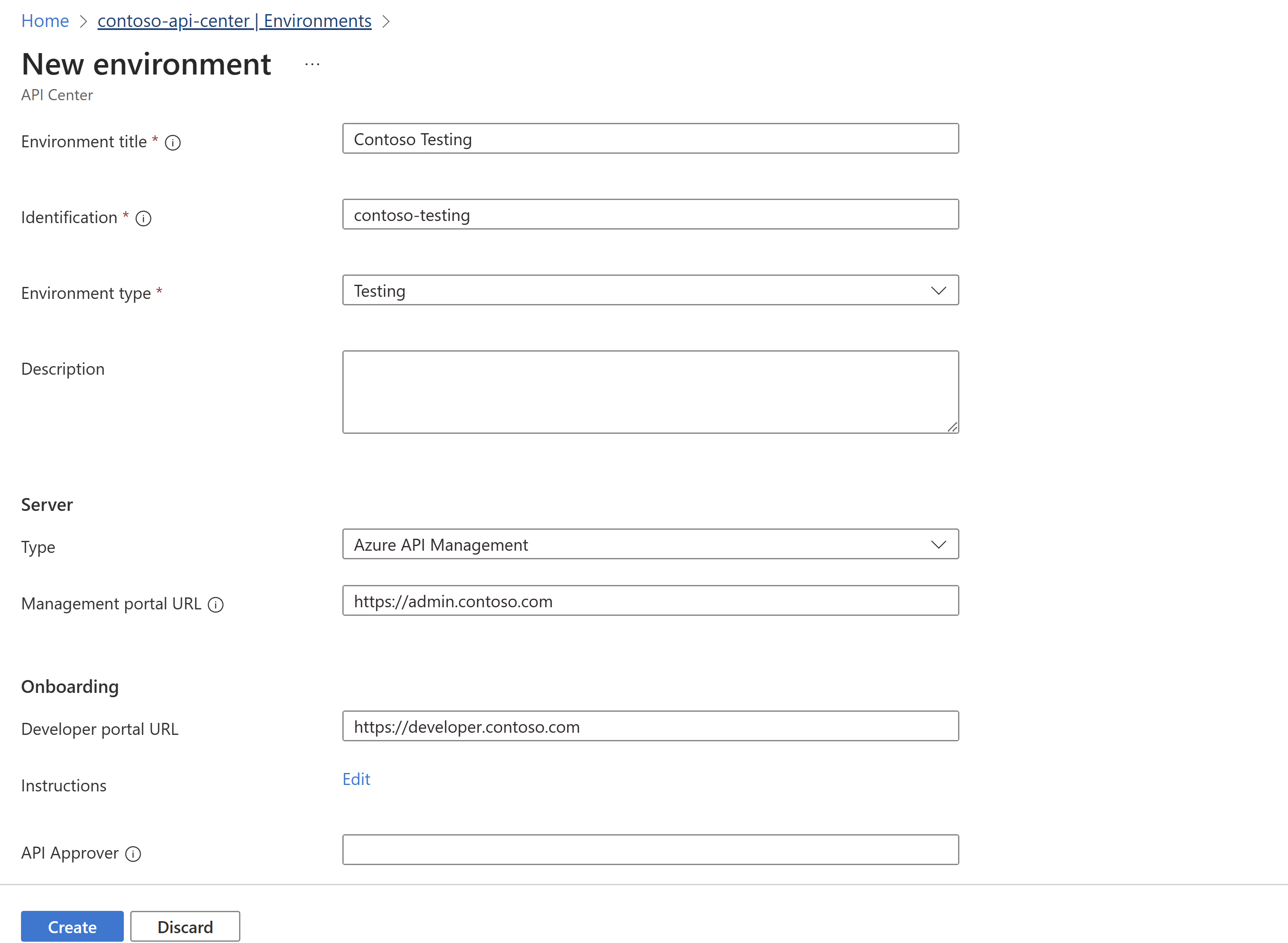 Screenshot showing steps to create a new environment on Azure portal