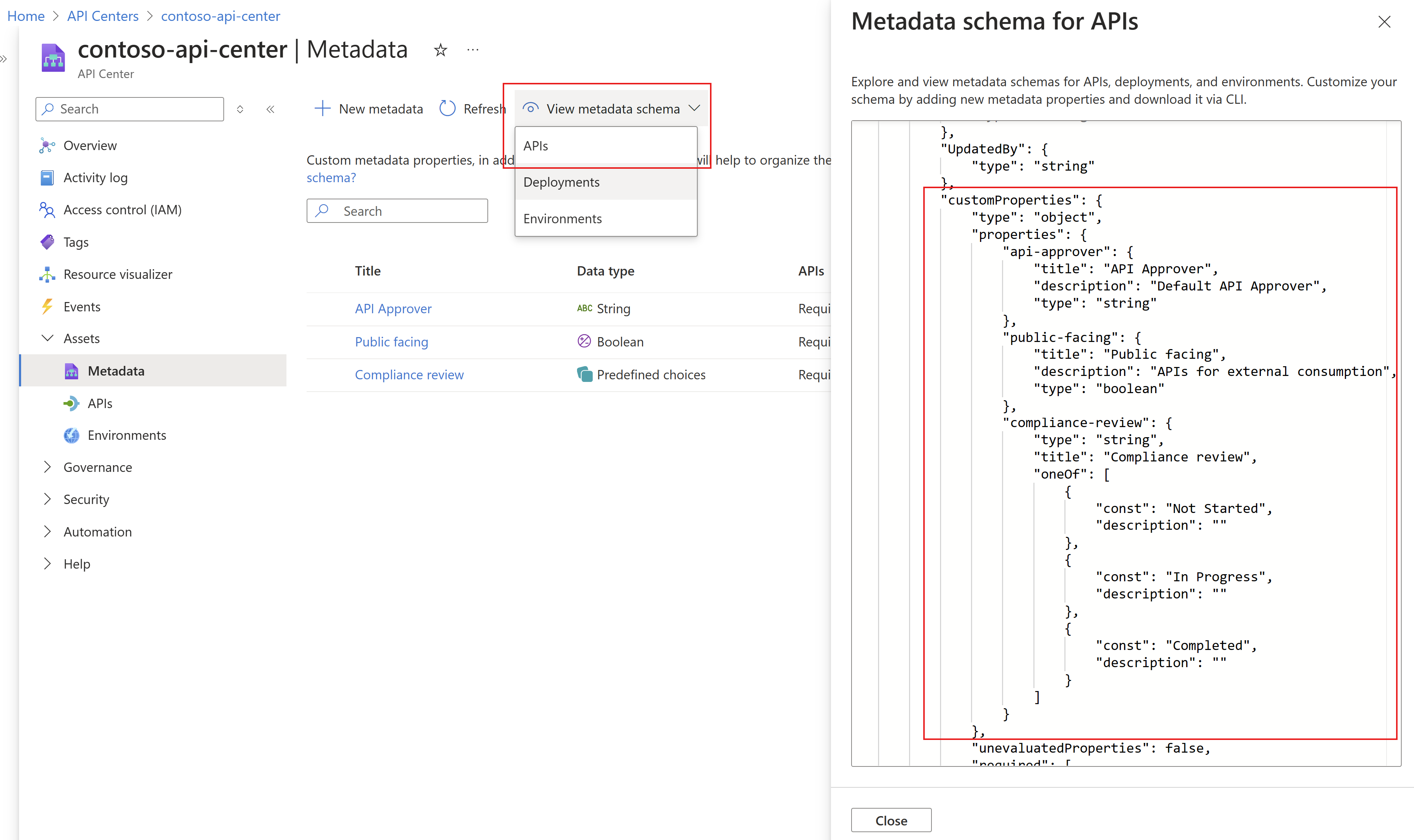 Screenshot showing steps to view metadata schema on Azure portal