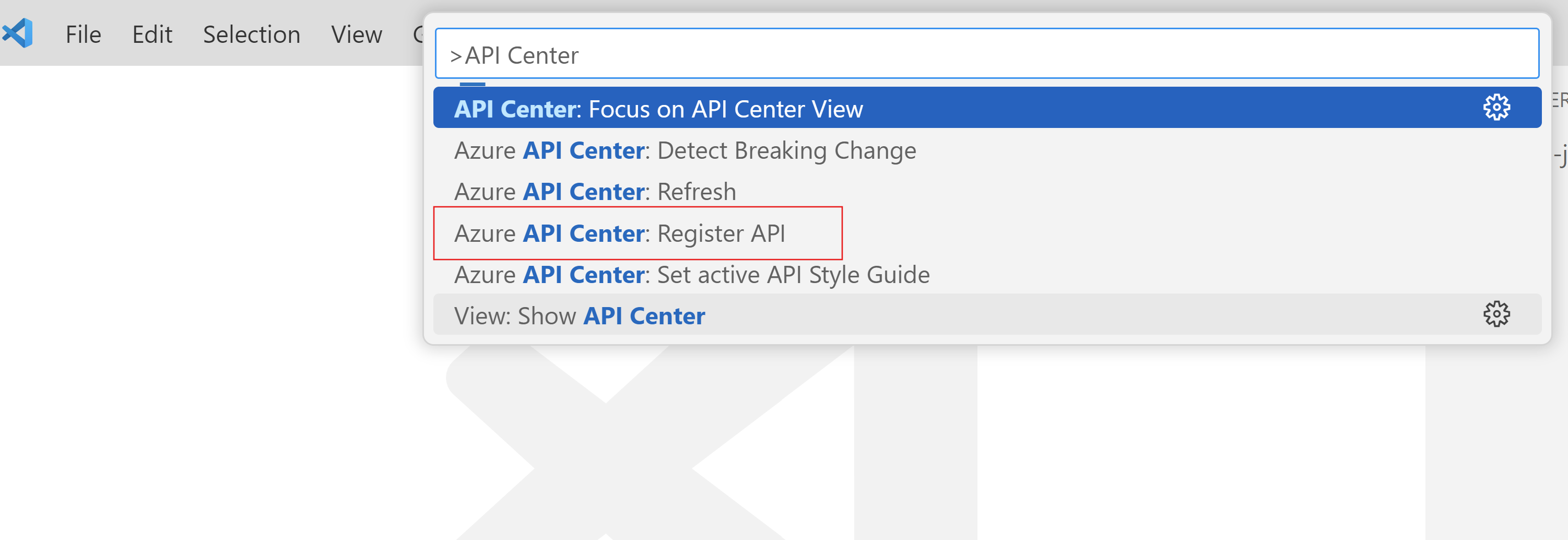 Screenshot showing steps to register an API on VS Code