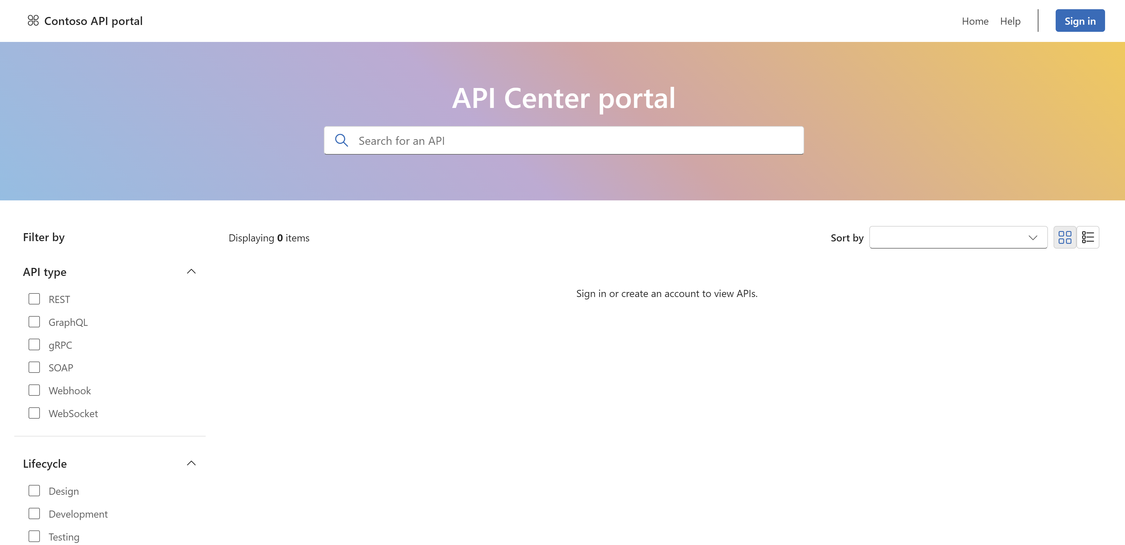 Screenshot showing the landing page of the contoso api center portal or website