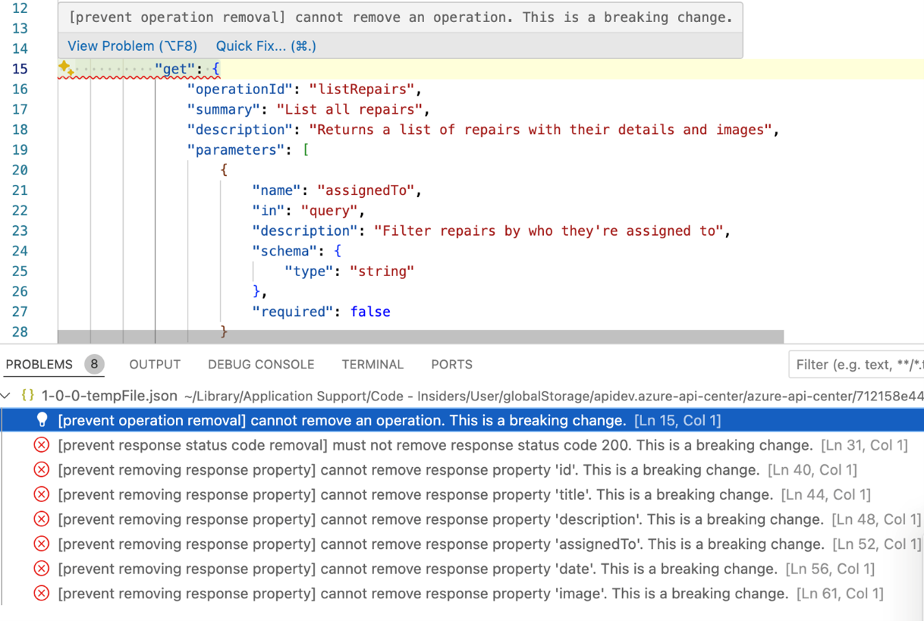 Screenshot showing detecting breaking changes on vs code