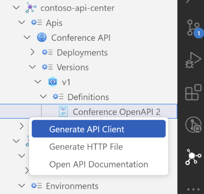 Screenshot showing how to select an option to generate an API client on vs code using kiota