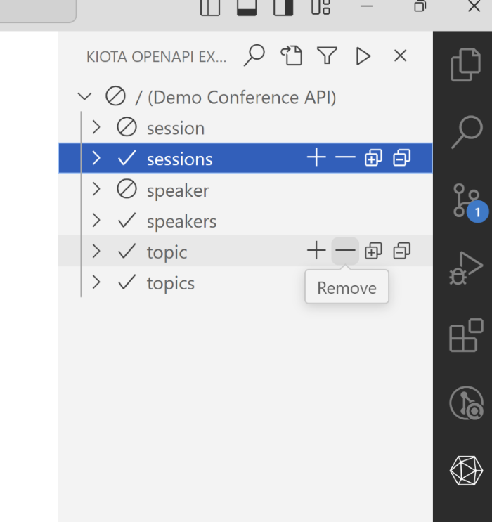 Screenshot showing how to select an option to add or remove specific endpoints on vs code using kiota