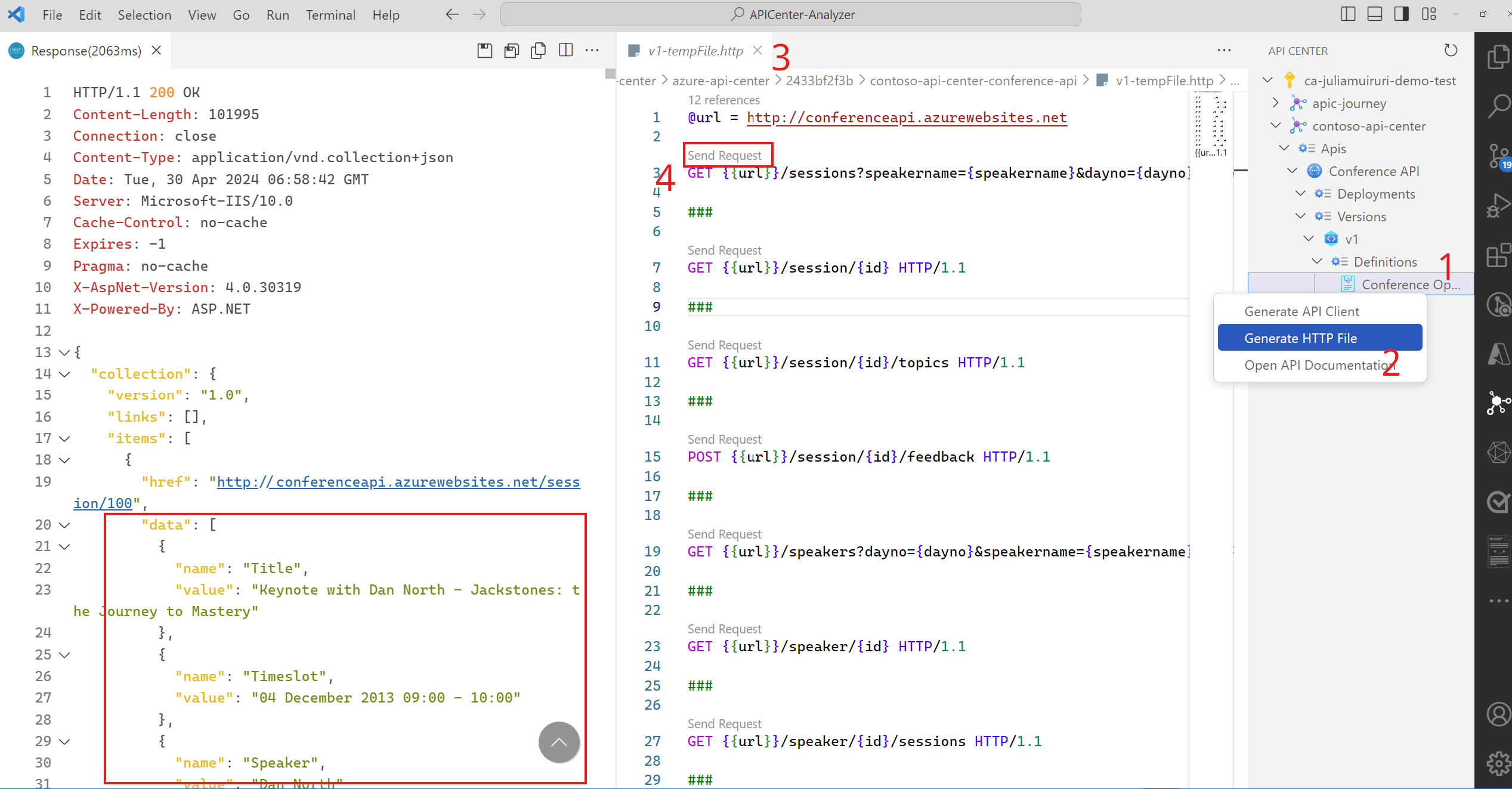 Screenshot showing how to use REST client to view .http of the API on VS Code