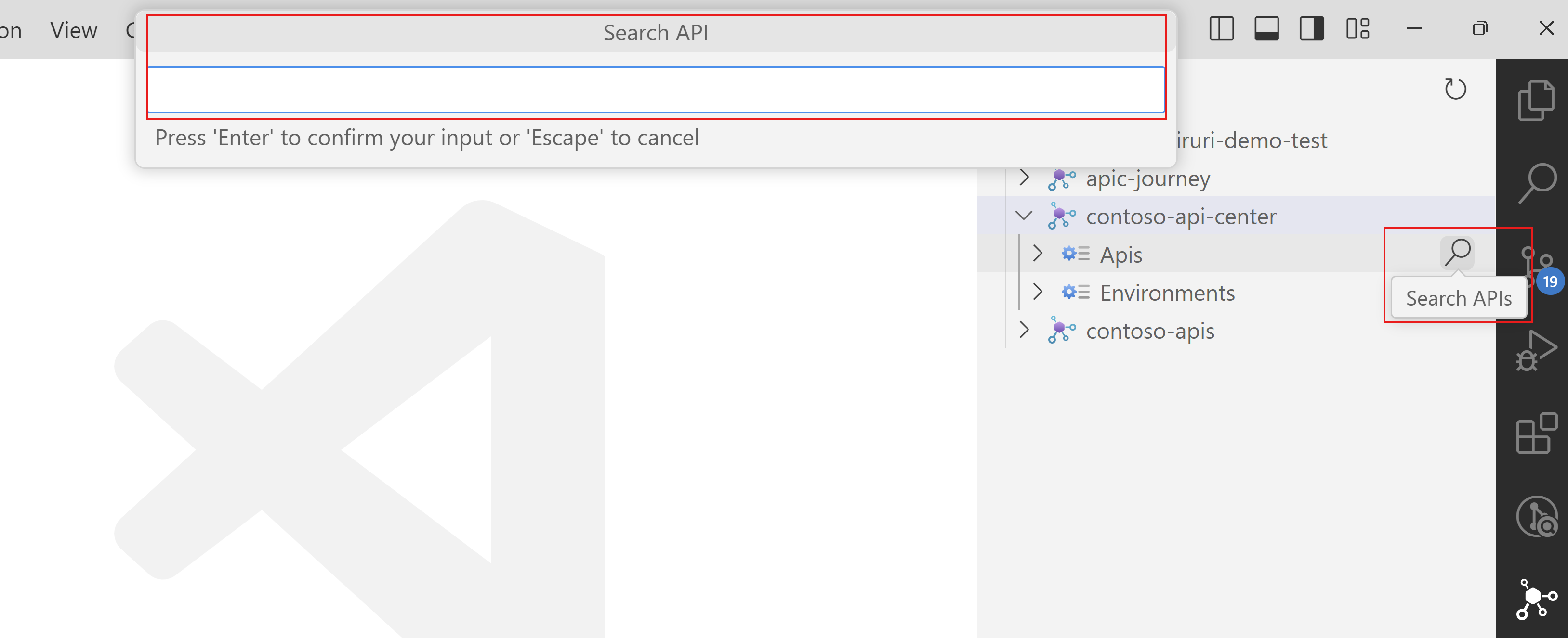 Screenshot showing search api option on vs code