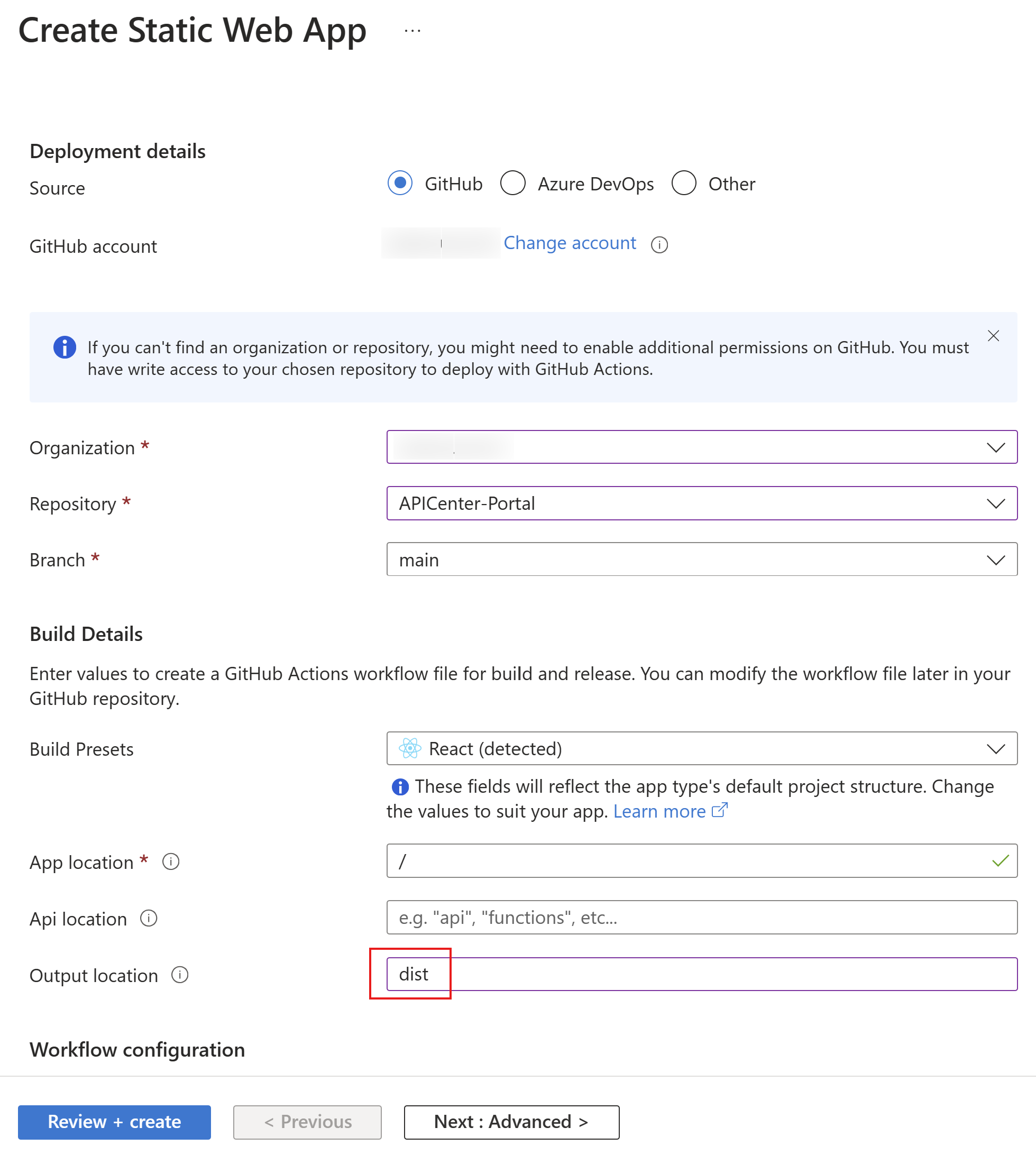 Screenshot showing configuring for Azure Static Web Apps