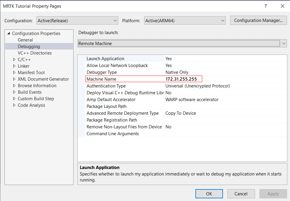 Screenshot of the Remote connection dialog in Visual Studio.