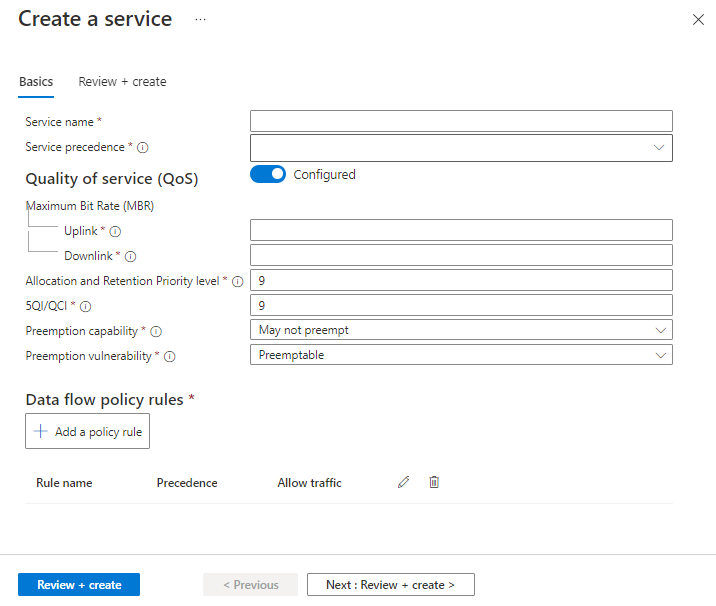 A screenshot showing an example service creation screen.