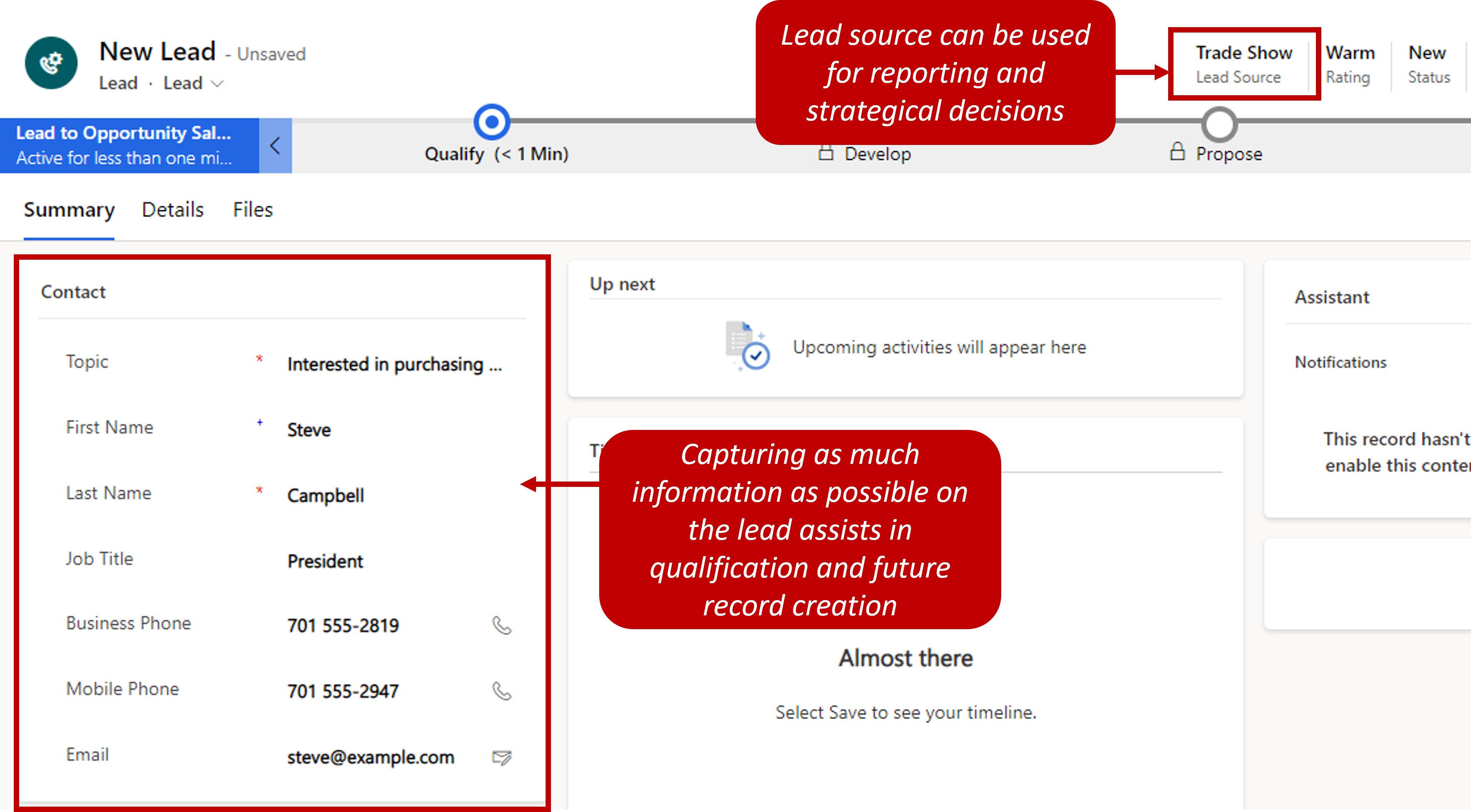 Use Lead Source for reporting and strategical decisions. Capture more information on the lead to assist in qualification and future record creation.