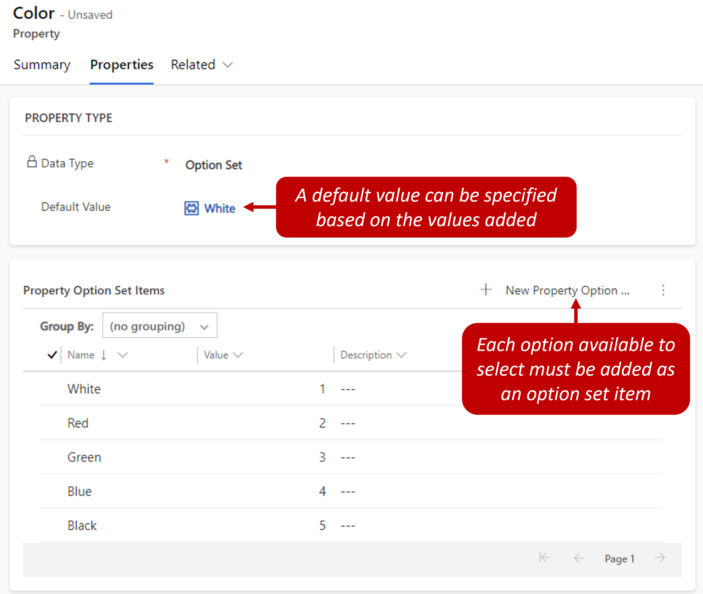 Data type. You can specify a default value based on the values added. Each option available to select must be added as an choice item.