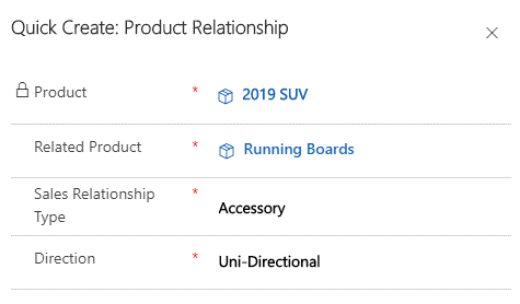 Quick Create: Product Relationship dialog box.