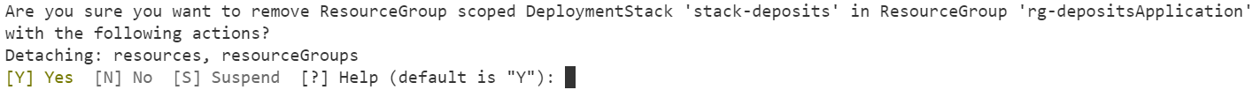 A screenshot showing a command line confirmation to delete the deployment stack using Azure PowerShell.