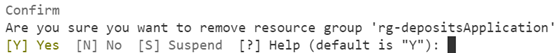 A screenshot showing a command line confirmation to delete the resource group using Azure PowerShell.