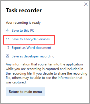 Screenshot of the Save to Lifecycle Services feature.