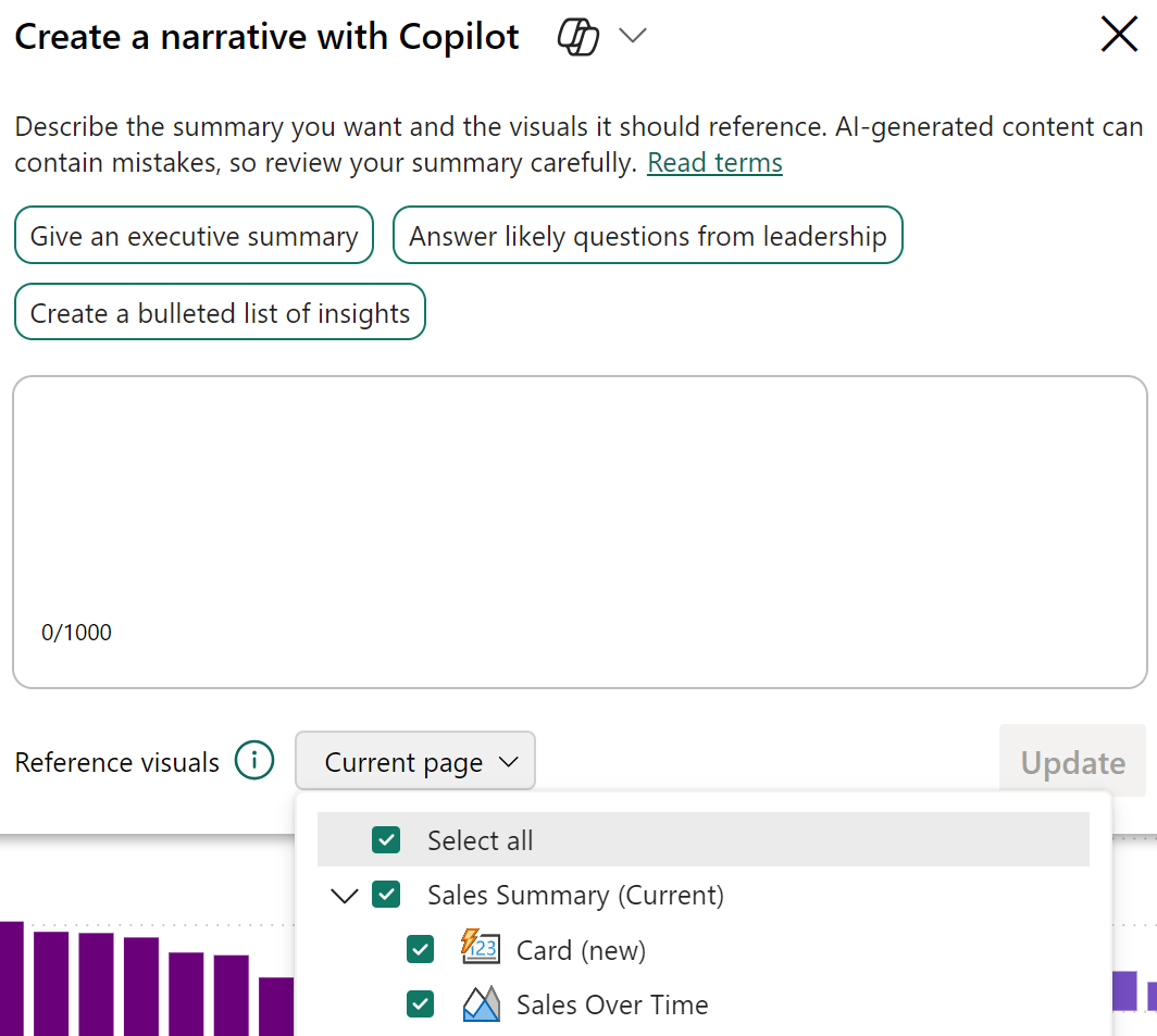 A screenshot of the Create a narrative with Copilot dialog and the options previously described.