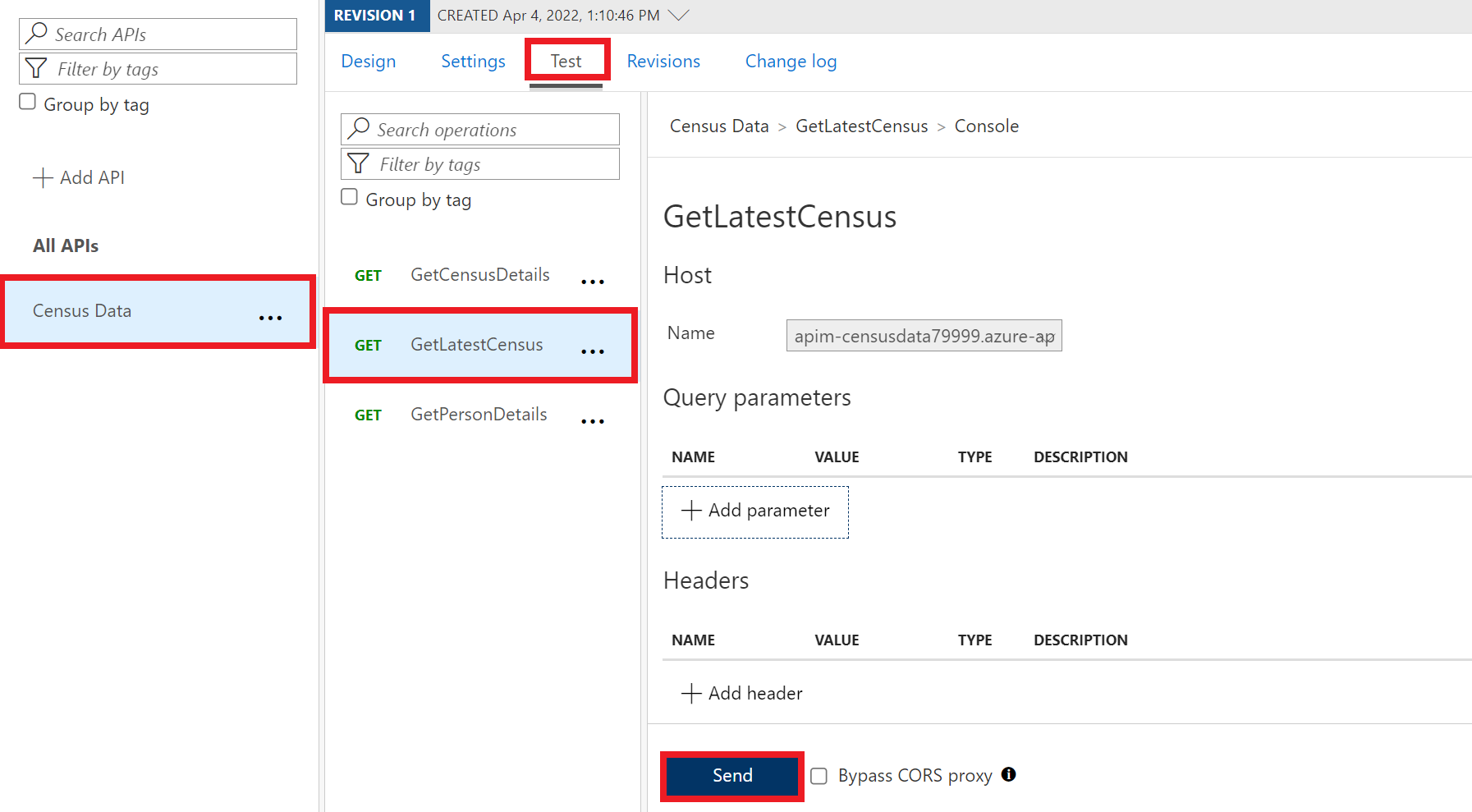 Screenshot of the test screen for the GetLatestCensus operation of the Census Data API. The Send button is  highlighted.