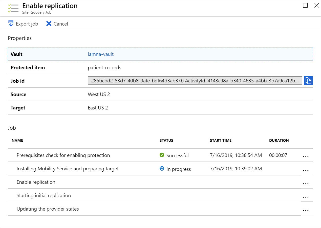 Screenshot of the Enable replication job's progress.